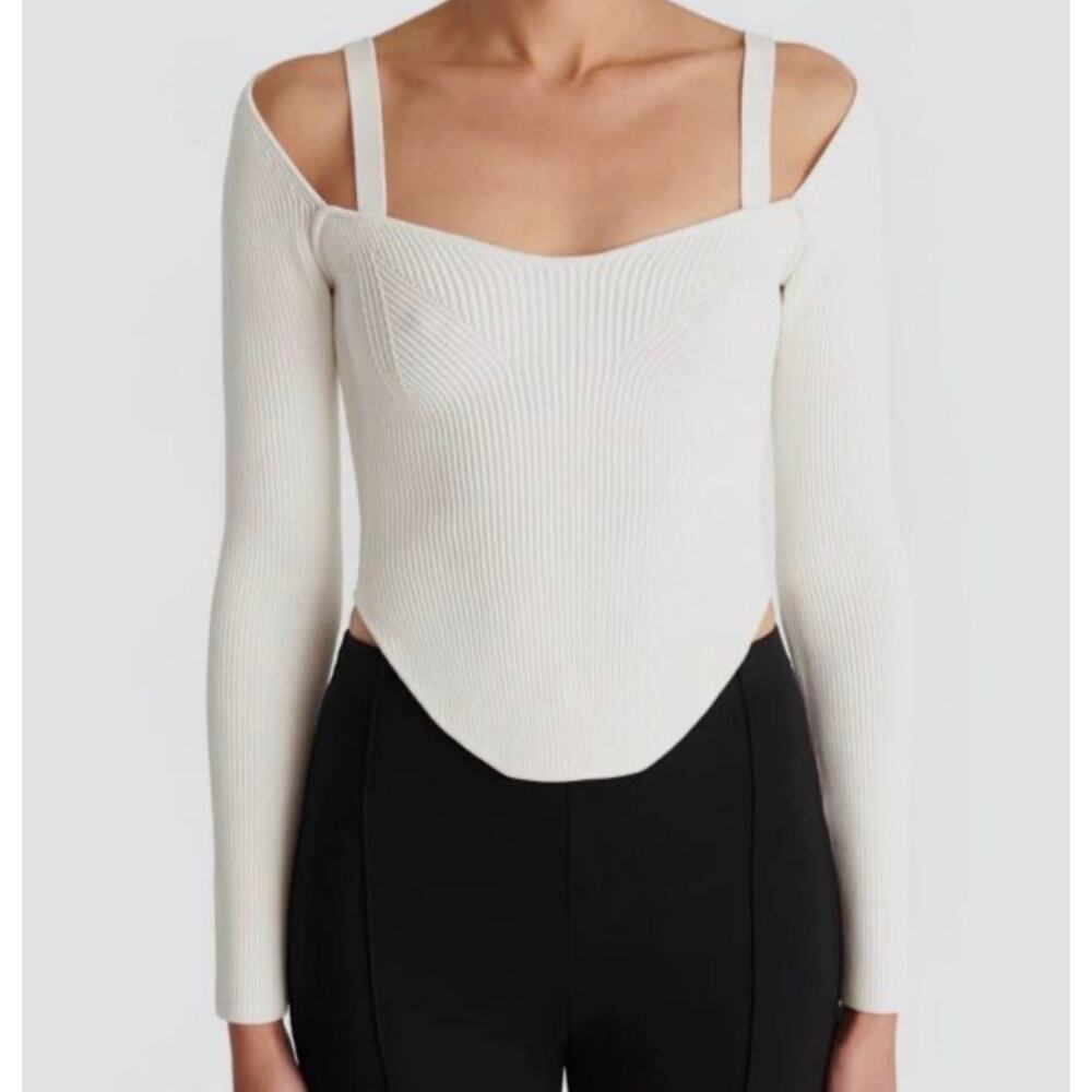 Ronny Kobo Ribbed Knit Bodysuit Long Sleeve Ivory Fitted Stretch Top Size S